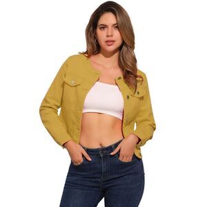 Denim Jacket Button Down Collarless Long Sleeve Jean Jacket Yellow